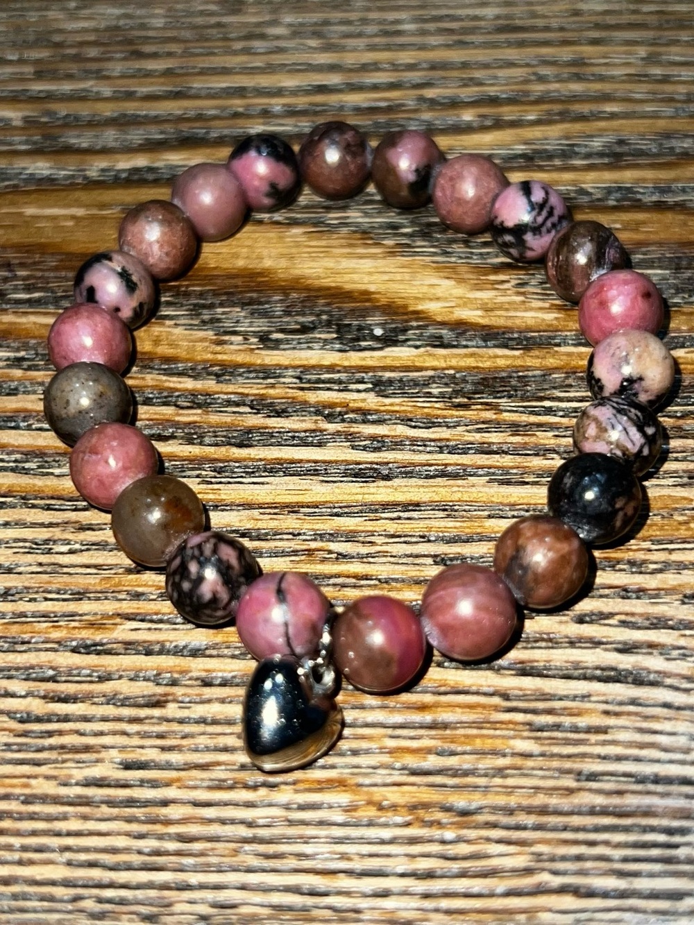 Pink Rhodonite Beaded Stretch Bracelet with Silver Heart Accent
